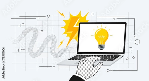 Fototapeta A hand interacting with a laptop displaying a bright lightbulb, symbolizing innovative ideas and technological solutions.