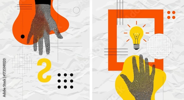 Fototapeta Abstract illustration featuring hands, geometric shapes, and a lightbulb, symbolizing ideas and collaboration.