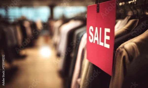 Fototapeta Red Sale Sign Hanging on Clothing Rack in Retail Store, Illustrating Consumerism and Shopping Opportunities During a Discount Event : Generative AI