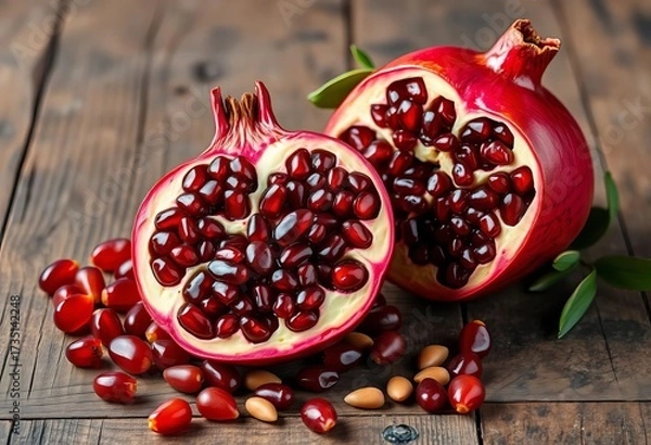 Fototapeta Vibrant whole pomegranate, cut-open revealing arils, and scattered seeds on rustic wood,  vibrant,  antioxidant
