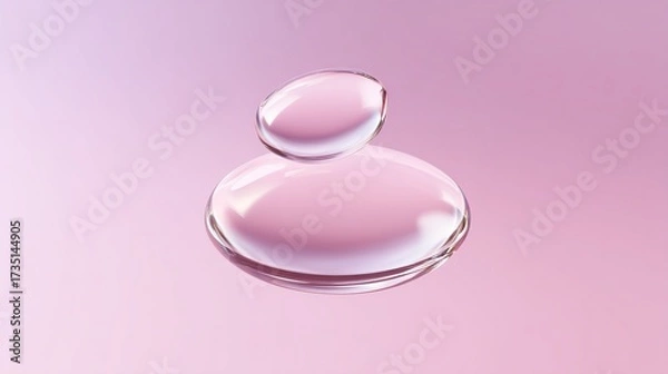 Fototapeta Two transparent water droplets floating in the air, with a soft pink background, shot from a top-down perspective, in high-resolution macro style suitable for skincare advertisements.