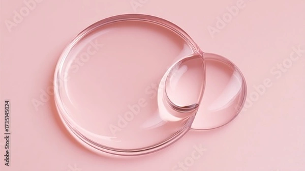 Fototapeta Two transparent water droplets floating in the air, with a soft pink background, shot from a top-down perspective, in high-resolution macro style suitable for skincare advertisements.