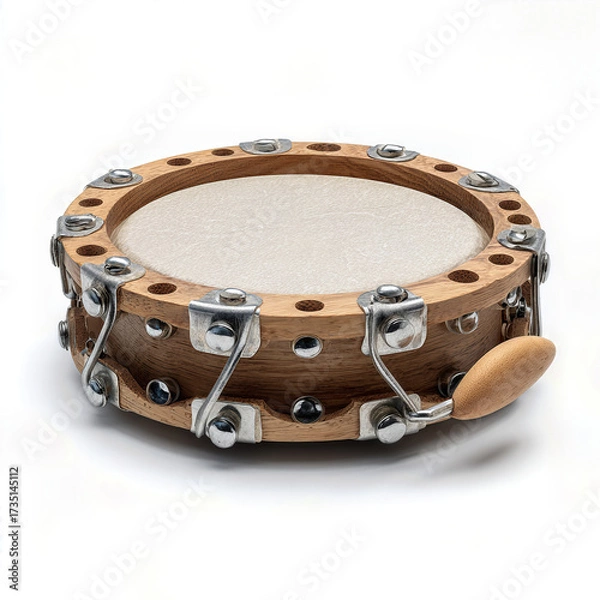 Fototapeta A classic wooden pandeiro or tambourine, a traditional Brazilian percussion instrument with a natural skin head and jingles for creating vibrant samba and Bossa Nova rhythms.
