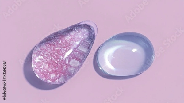 Fototapeta Two transparent water droplets floating in the air, with a soft pink background, shot from a top-down perspective, in high-resolution macro style suitable for skincare advertisements.