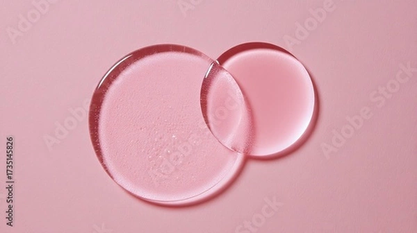 Fototapeta Two transparent water droplets floating in the air, with a soft pink background, shot from a top-down perspective, in high-resolution macro style suitable for skincare advertisements.