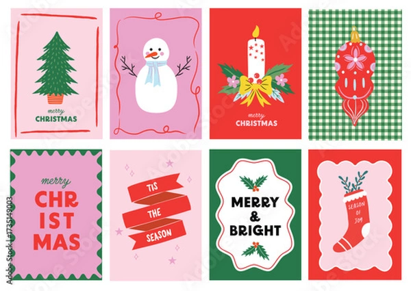 Fototapeta Merry Christmas greeting card set. Modern festive bright Xmas prints with tree, snowman, stocking, quotes, holly leaf, retro typography, doodle frames cover template.