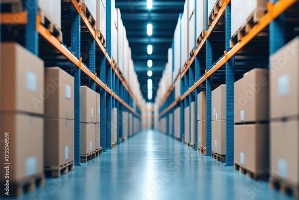 Fototapeta Warehouse aisle view with shelves full of cardboard boxes on wooden pallets, representing logistics, storage, and supply chain
