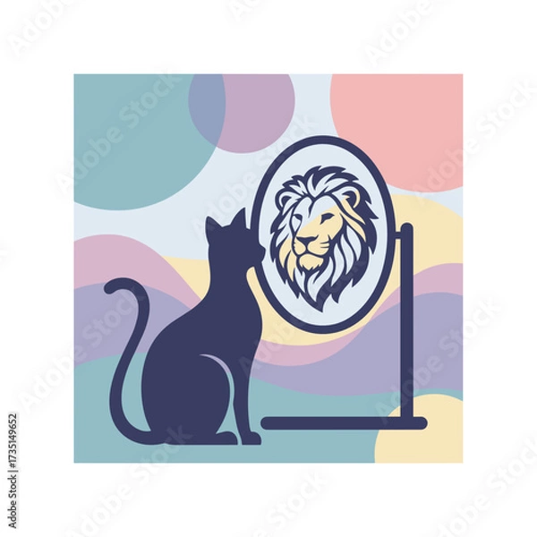 Fototapeta Cat looking at its reflection as a lion in colorful artwork  