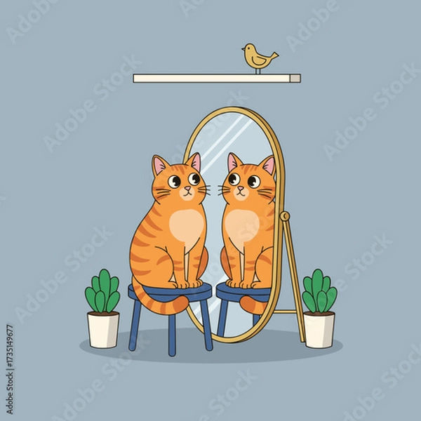 Fototapeta Orange cat looking at reflection in mirror with plant and bird  