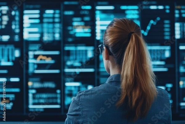 Fototapeta Woman monitoring multiple large screens displaying financial charts and data in a futuristic control room, performing data analysis