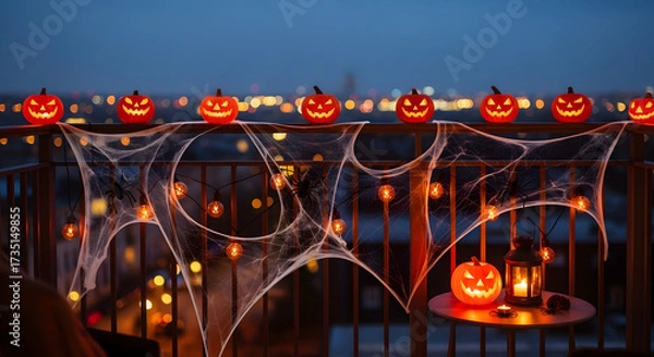Obraz Spooky halloween night balcony decorations with glowing jack-o'-lanterns and spiderwebs against a city lights background.