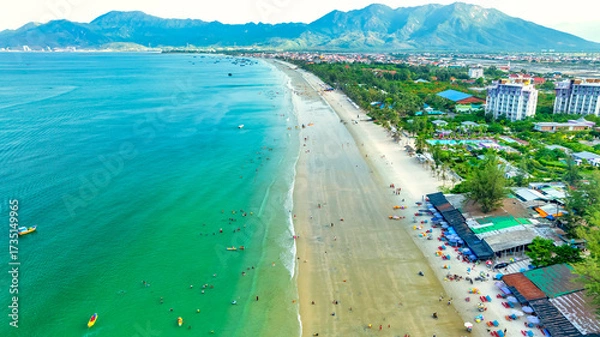 Fototapeta Aerial view of tropical Doc Let beach with turquoise waters and white sand in Vietnam