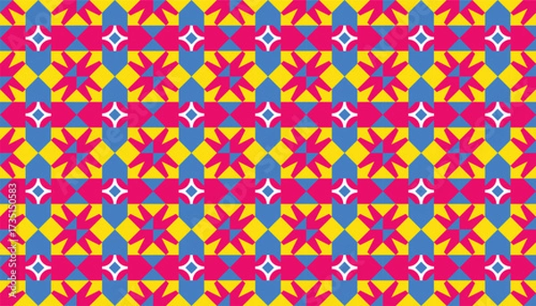 Obraz Seamless geometric pattern with colorful pink, yellow, and blue abstract motifs. Bold and vibrant ornamental design for fabric, wallpaper, and digital decoration