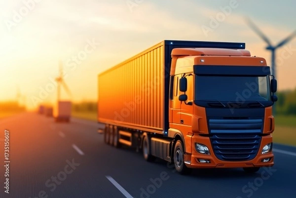 Fototapeta Truck on a highway against a vivid sunset, carrying freight for logistics and global trade, with wind turbines generating clean energy