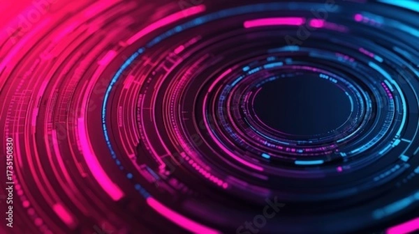Fototapeta Abstract technology background showing digital data flowing through concentric HUD elements in vibrant pink and blue colors
