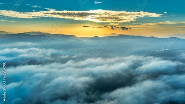 Fototapeta Aerial view of the mist in the sunrise sky is beautiful in the highlands of Da Lat, Vietnam