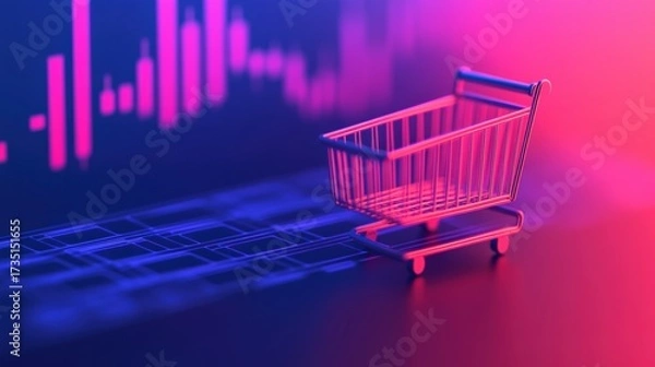 Fototapeta Shopping cart representing e commerce and retail trends, with a flickering stock market graph in the background