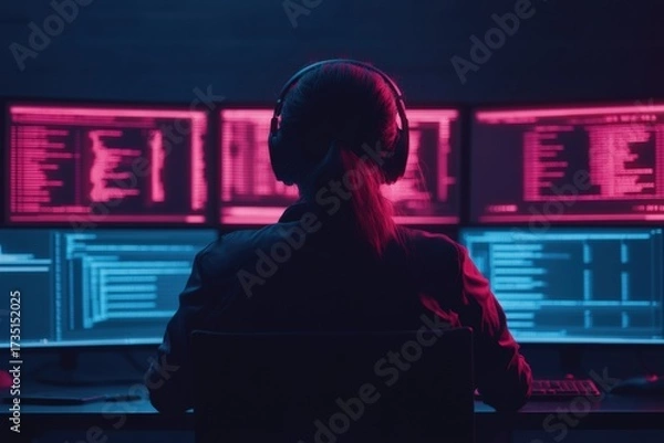 Fototapeta Woman developer at multiple glowing monitors coding in a dark neon lit room, back view, focused on cybersecurity and software systems