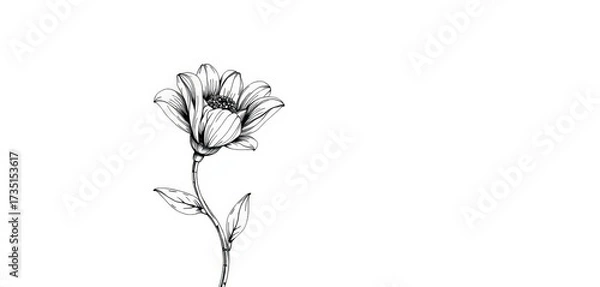 Fototapeta Intricate black line art drawing of a single blooming flower, delicate petals and stem,  graphic,  botany