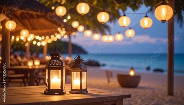 Fototapeta Romantic beach restaurant at twilight with glowing lanterns and string lights, tropical evening atmosphere by the sea