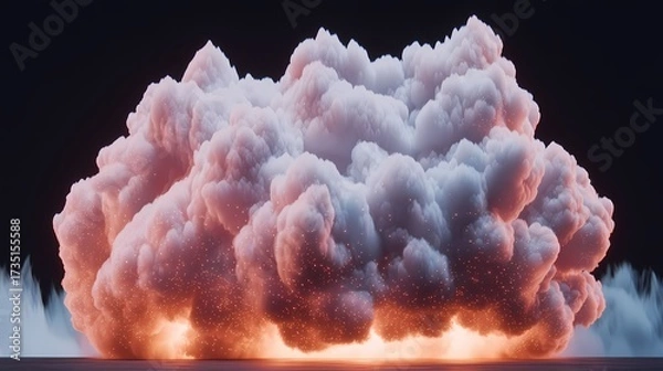 Fototapeta The image showcases a colossal, billowy cloud tinged with pastel pink and orange hues, illuminated by fiery particles against a stark, dark backdrop.