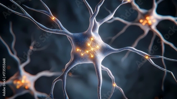 Fototapeta The image shows a close-up of neurons with glowing connections, creating a detailed representation of neural networks and brain activity with a captivating and modern aesthetic.