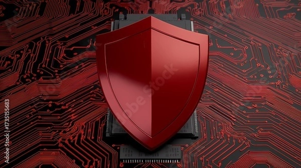 Fototapeta A futuristic red shield is placed atop a sleek black microchip, all set against a black background with glowing red circuit board patterns.