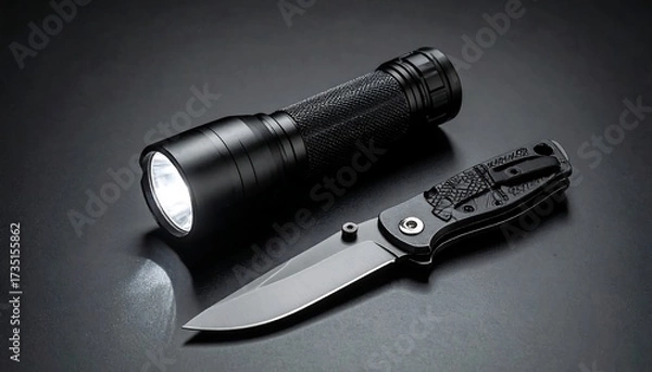 Obraz Knife and flashlight on black