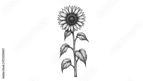 Fototapeta Black and white line art illustration of a single sunflower with stem. Generative AI
