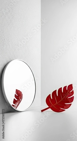 Fototapeta Stylish Round Mirror Reflecting Red Leaf Beside Matching Leaf on White Surface
