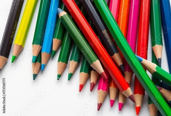 Fototapeta Assorted colored pencils arranged on white background, sharp points visible,  rainbow,  white