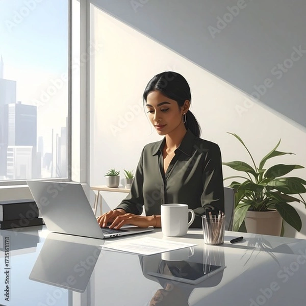Fototapeta Modern office scene with a professional businesswoman typing on laptop. While a digital tablet beside her show a subtle reflection of her hand. Minimalist workspace with a potted plant and coffee mug.