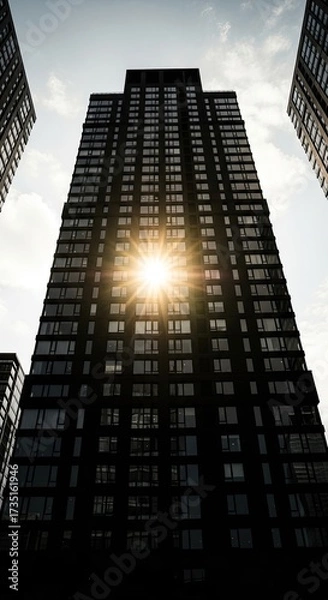 Fototapeta Tall Building Facade with Sunlight Bursting Through Windows and Blue Sky View