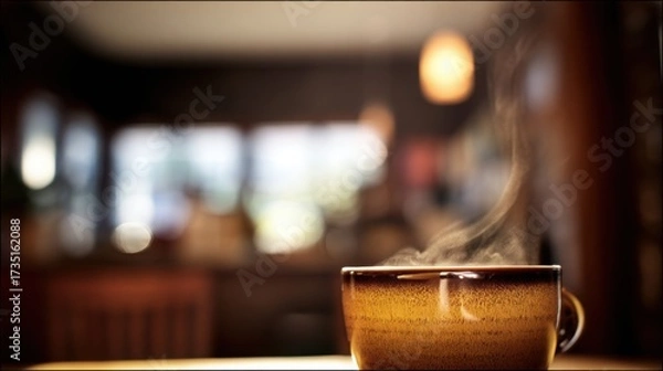 Fototapeta pause. A close-up view of a coffee cup with steam rising, set against a blurred, cozy backdrop. bar promotions, beverage menus, designed for food & beverage menus and cafe branding.