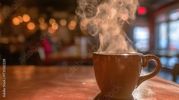 Fototapeta pause. A close-up view of a coffee cup with steam rising, set against a blurred, cozy backdrop. bar promotions, beverage menus, designed for food & beverage menus and cafe branding.