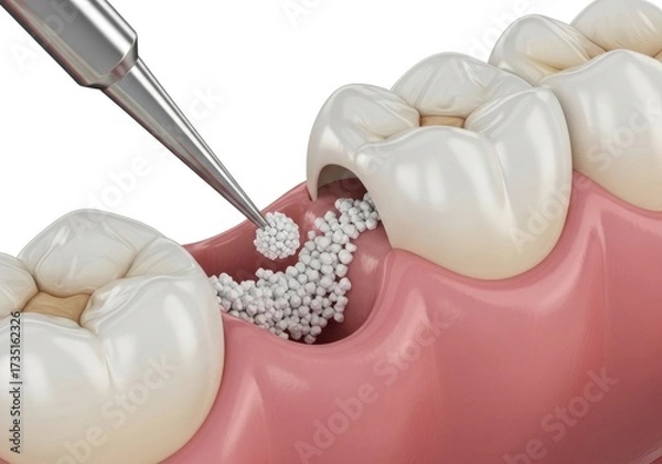 Fototapeta Tooth Bone Grafting Procedure with Metal Tool and Granules in Pink Gum