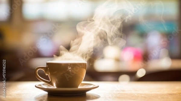 Fototapeta pause. A close-up view of a coffee cup with steam rising, set against a blurred, cozy backdrop. bar promotions, beverage menus, designed for food & beverage menus and cafe branding.