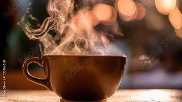 Fototapeta pause. A close-up view of a coffee cup with steam rising, set against a blurred, cozy backdrop. bar promotions, beverage menus, designed for food & beverage menus and cafe branding.