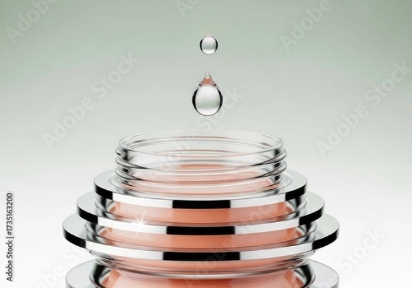Fototapeta Water Drop Falling into Glass Jar with Peach Content on Muted Green Background