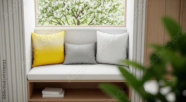 Fototapeta Window seat with white, grey and yellow pillows, view of blooming tree outside, indoors