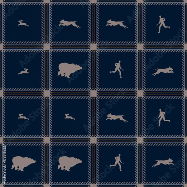 Fototapeta Vector repeating pattern of animal silhouettes (dogs, bears, rabbits) and human figures, separated by a grid with intersecting lines, on a dark blue background.