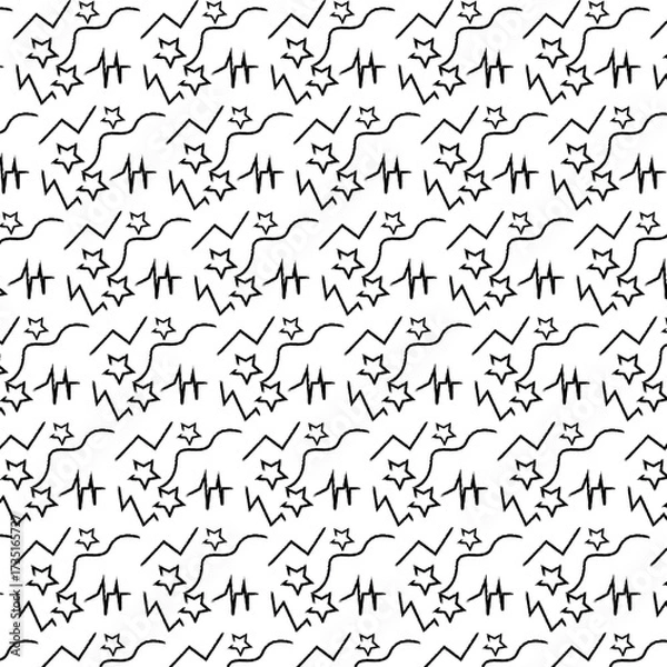 Fototapeta Abstract seamless pattern of black hand drawn squiggly lines and star shapes on a, minimalist doodle art