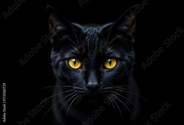 Fototapeta A black cat with intense yellow eyes emerging from the darkness. Generative AI
