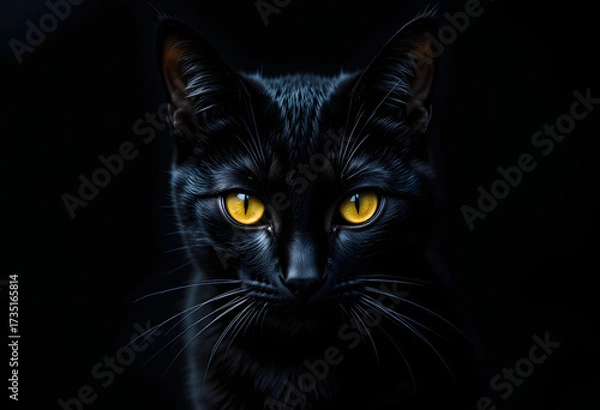 Fototapeta The face of a mysterious black cat with bright yellow eyes in shadow. Generative AI
