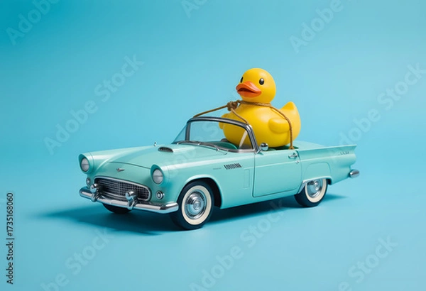 Fototapeta A vintage blue toy car with a yellow rubber duck on top. Generative AI
