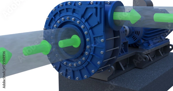 Fototapeta industrial centrifugal pump connected to an electric motor, mounted on a solid base. Transparent piping with bright green arrows highlights the fluid flow direction for visual clarity.