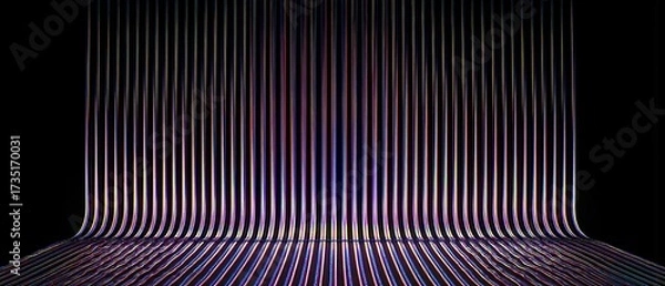 Fototapeta Neon ribbed fractal glass 3D background with holographic vertical stripes, vibrant purple, blue, and yellow gradient on abstract black iridescent texture.