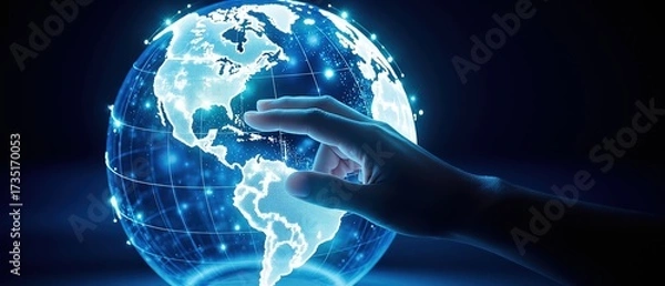Fototapeta Hand interacting with glowing digital globe, symbolizing global connection, technology, and international communication in modern digital design.