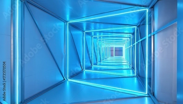 Fototapeta Futuristic 3D tunnel with glowing blue neon lights, creating high-speed motion, sci-fi ambiance, and immersive digital network visuals.