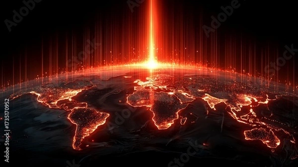 Fototapeta Earth map illuminated in red with vertical glowing data streams symbolizing a massive global cyber warfare attack or digital system breach